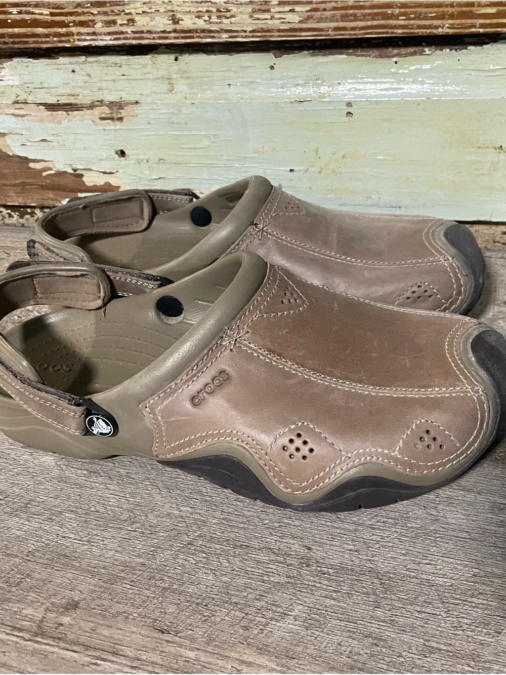 CROCS Men's Taupe Brown Leather Clog Sandals